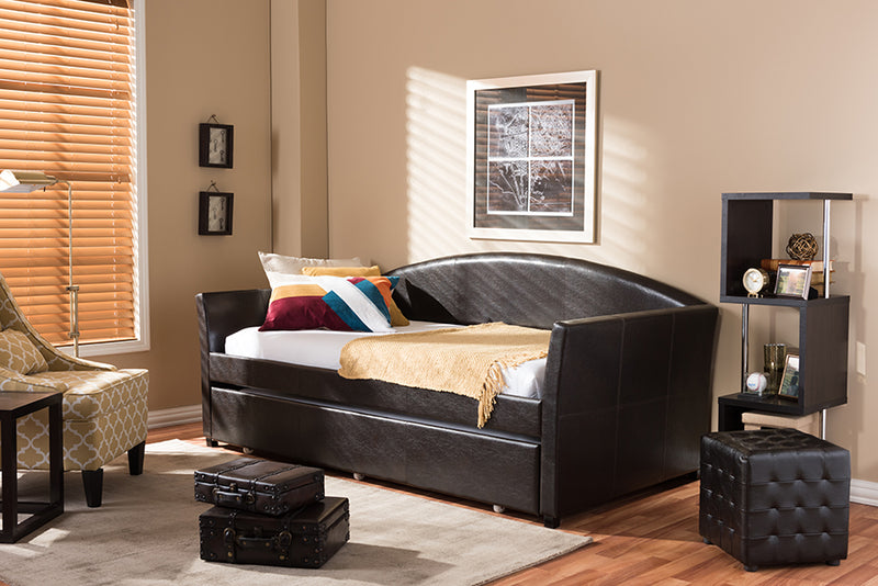 Callum Modern and Contemporary Brown Faux Leather Arched Back Sofa Twin Daybed w/Roll-Out Trundle Guest Bed