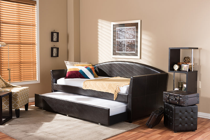 Callum Modern and Contemporary Brown Faux Leather Arched Back Sofa Twin Daybed w/Roll-Out Trundle Guest Bed