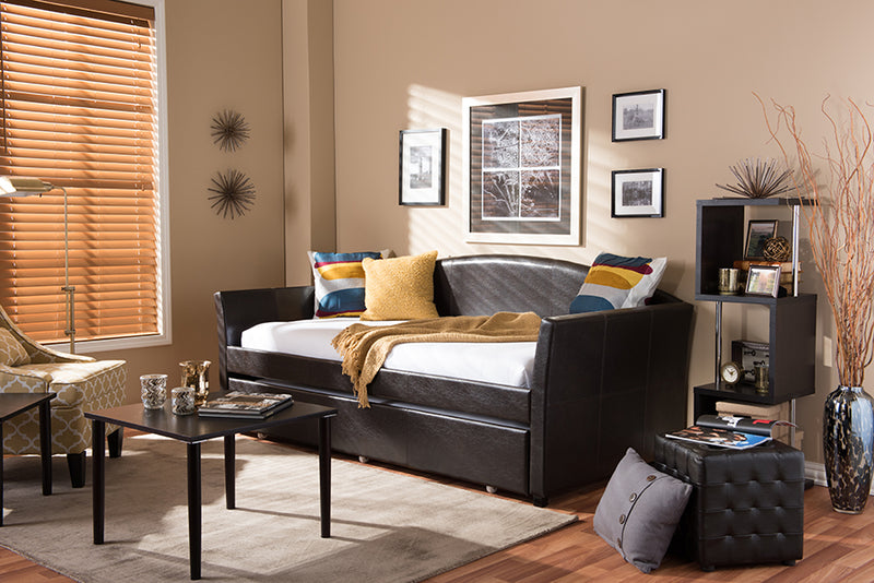 Callum Modern and Contemporary Brown Faux Leather Arched Back Sofa Twin Daybed w/Roll-Out Trundle Guest Bed