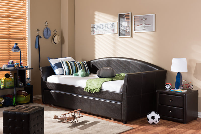 Callum Modern and Contemporary Brown Faux Leather Arched Back Sofa Twin Daybed w/Roll-Out Trundle Guest Bed