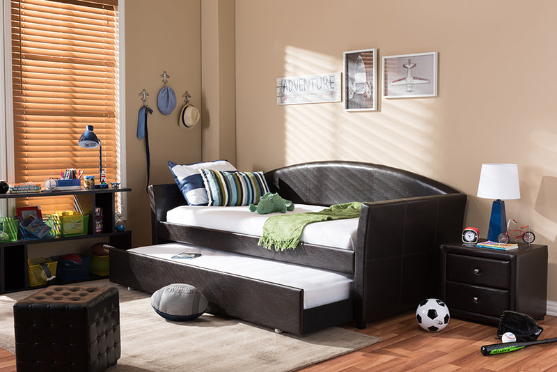 Callum Modern and Contemporary Brown Faux Leather Arched Back Sofa Twin Daybed w/Roll-Out Trundle Guest Bed