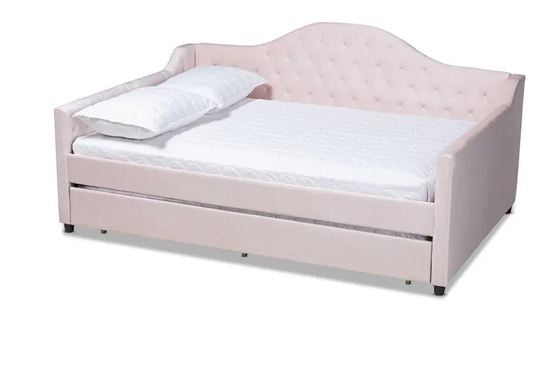 Mira Light Pink Velvet Fabric Upholstered and Button Tufted Full Size Daybed w/Trundle iHome Studio