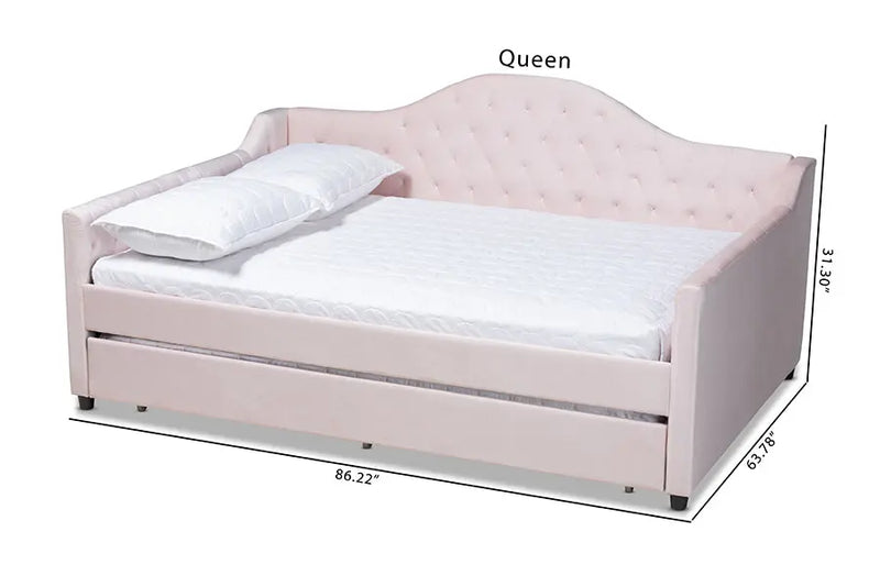 Mira Light Pink Velvet Fabric Upholstered and Button Tufted Full Size Daybed w/Trundle iHome Studio