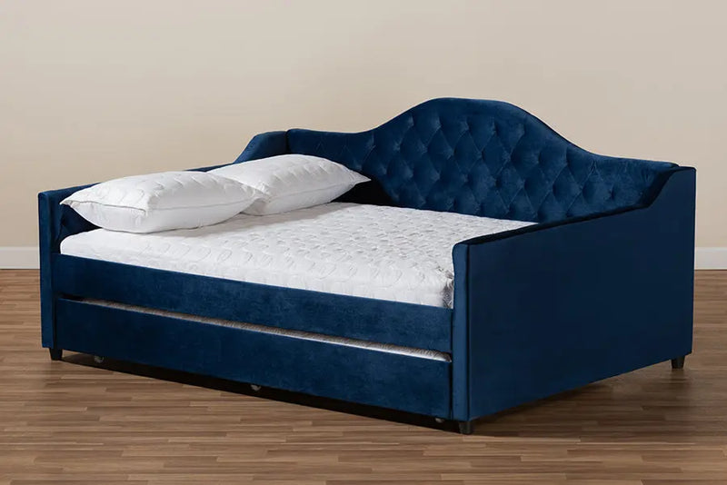 Mira Royal Blue Velvet Fabric Upholstered and Button Tufted Queen Size Daybed w/Trundle iHome Studio