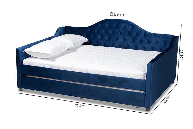 Mira Royal Blue Velvet Fabric Upholstered and Button Tufted Queen Size Daybed w/Trundle iHome Studio