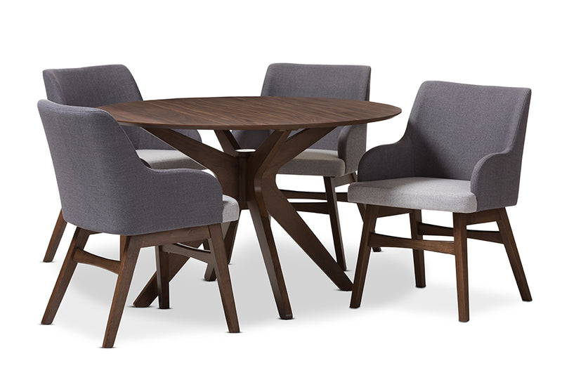 Sunna Mid-Century Modern Walnut Wood Round 5-Piece Dining Set