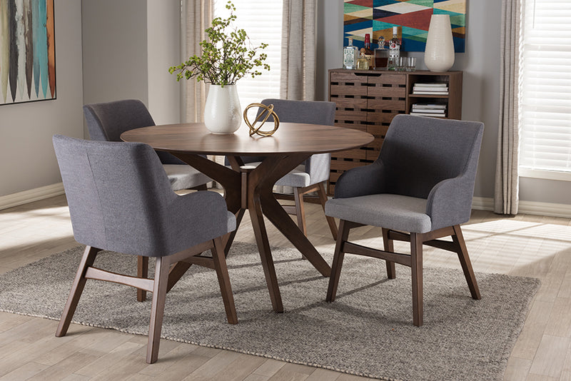 Sunna Mid-Century Modern Walnut Wood Round 5-Piece Dining Set