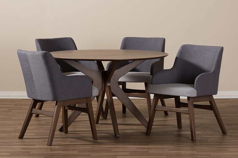 Sunna Mid-Century Modern Walnut Wood Round 5-Piece Dining Set