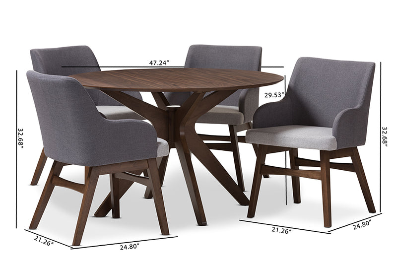 Sunna Mid-Century Modern Walnut Wood Round 5-Piece Dining Set