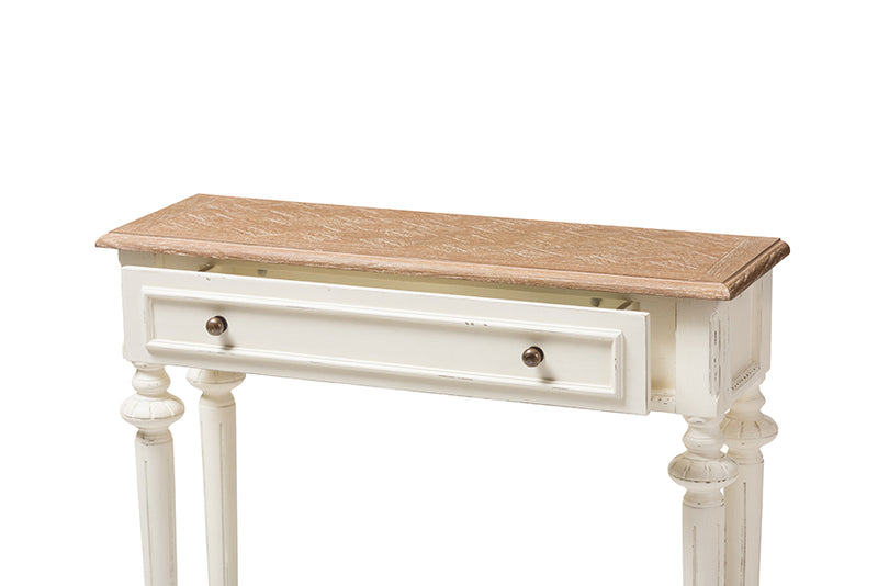 Gosford French Provincial Style Weathered Oak and White Wash Distressed Finish Wood Two-Tone Console Table