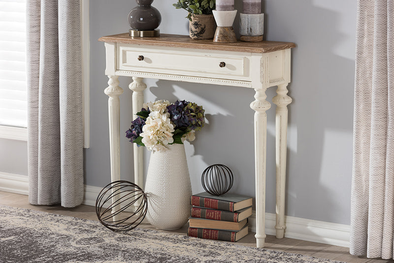 Gosford French Provincial Style Weathered Oak and White Wash Distressed Finish Wood Two-Tone Console Table