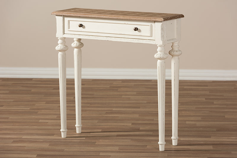 Gosford French Provincial Style Weathered Oak and White Wash Distressed Finish Wood Two-Tone Console Table