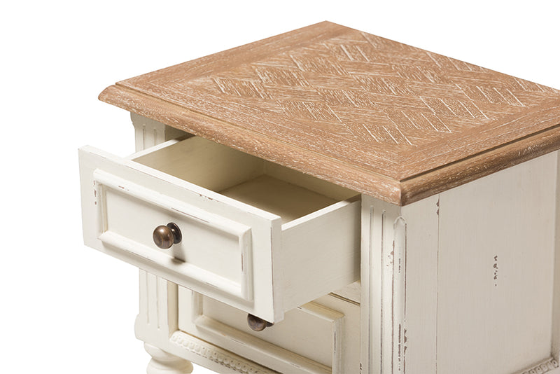 Gosford French Provincial Style Weathered Oak and White Wash Distressed FinishTwo-Tone Nightstand