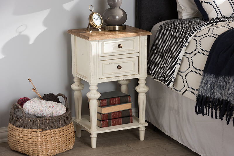 Gosford French Provincial Style Weathered Oak and White Wash Distressed FinishTwo-Tone Nightstand