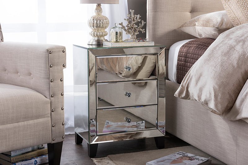 Olesia Mirrored 3-Drawers End Table Baxton