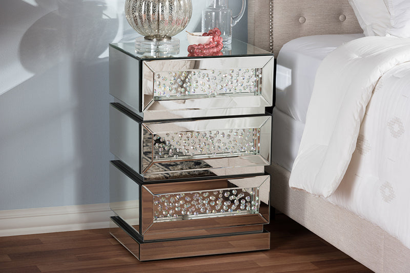 Linnet Hollywood Regency Glamour Style Mirrored 3-Drawer End Table