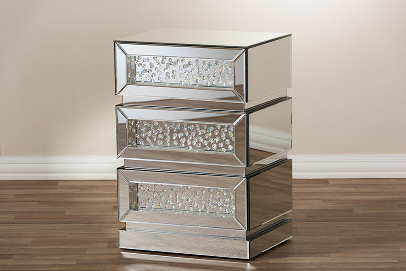 Linnet Hollywood Regency Glamour Style Mirrored 3-Drawer End Table