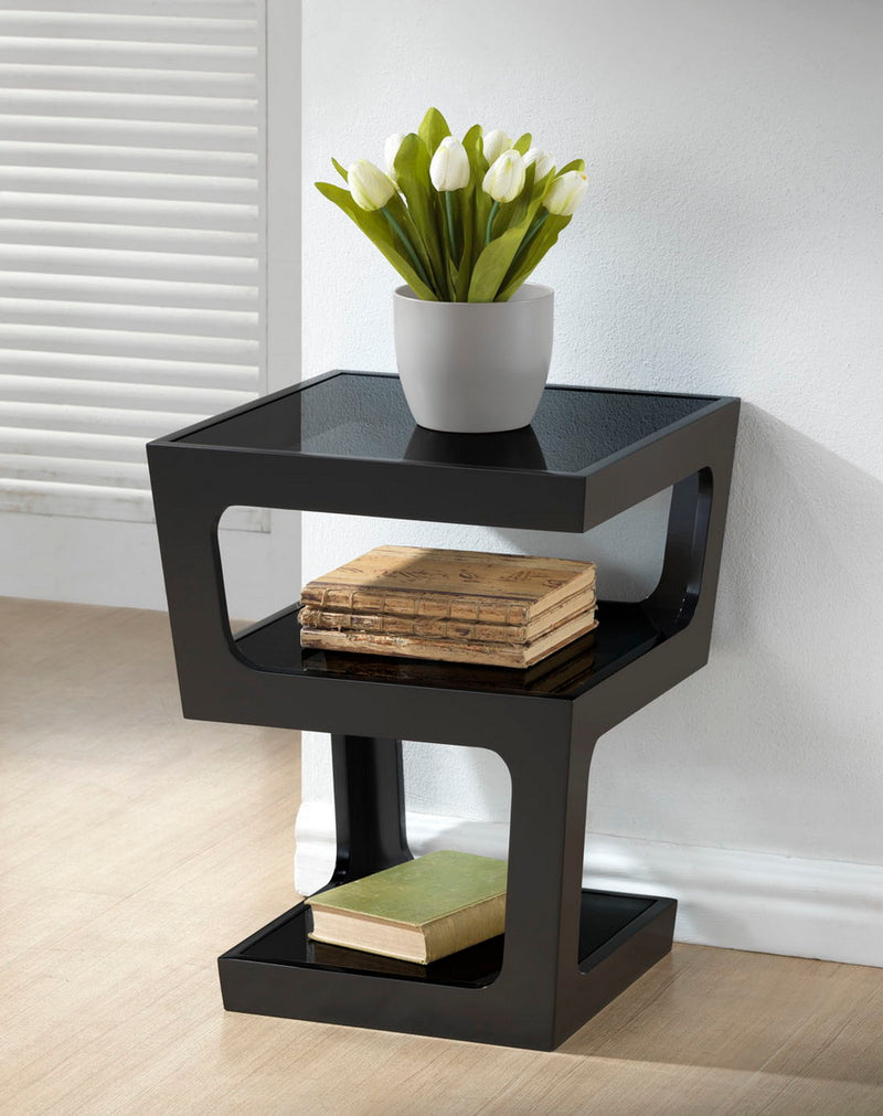 Sami Black Modern End Table w/3-Tiered Tinted Glass Shelves