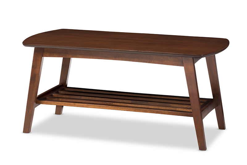 Brighton Mid-century Modern Scandinavian Style Dark Walnut Coffee Table w/Slatted Open Shelf