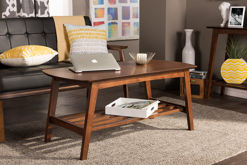 Brighton Mid-century Modern Scandinavian Style Dark Walnut Coffee Table w/Slatted Open Shelf