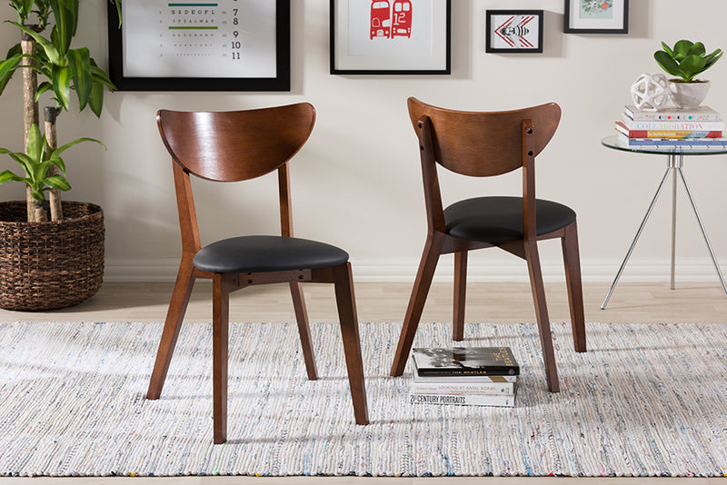 Elsa Mid-Century Black Faux Leather and Walnut Brown Dining Chair