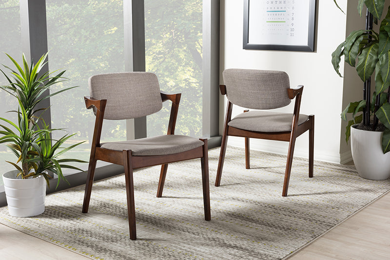 Linwood Mid-Century Dark Walnut Wood Gray Fabric Upholstered Dining Armchair