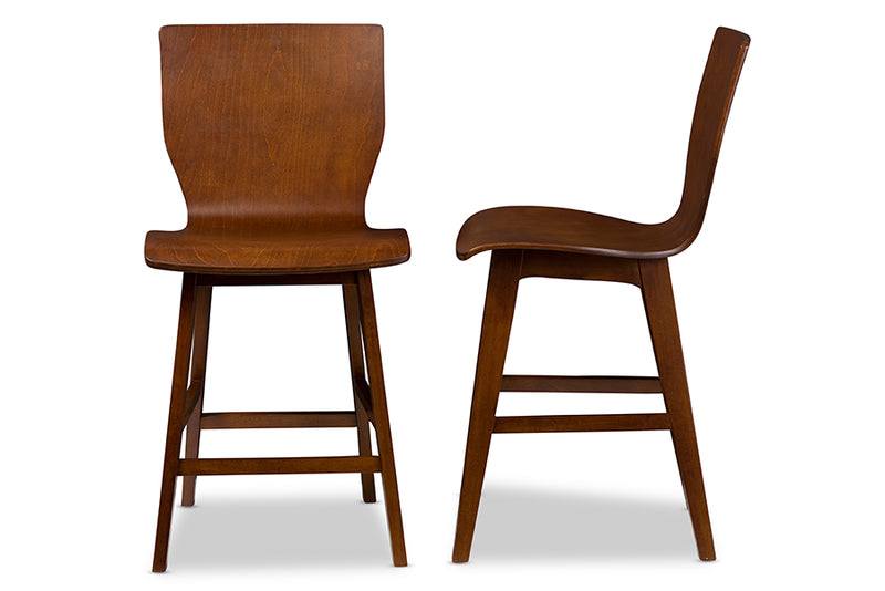 Michaela Mid-century Modern Scandinavian Style Dark Walnut Bent Wood Counter Stool (Set of 2)