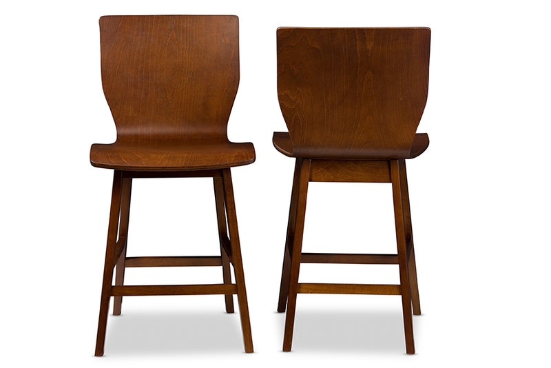 Michaela Mid-century Modern Scandinavian Style Dark Walnut Bent Wood Counter Stool (Set of 2)