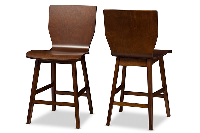 Michaela Mid-century Modern Scandinavian Style Dark Walnut Bent Wood Counter Stool (Set of 2)