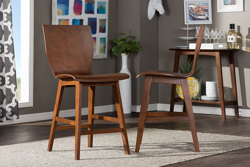 Michaela Mid-century Modern Scandinavian Style Dark Walnut Bent Wood Counter Stool (Set of 2)