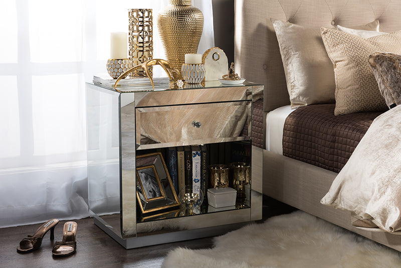 Roderick Modern and Contemporary Hollywood Glamour Style 1-drawer and 1-shelf End Table