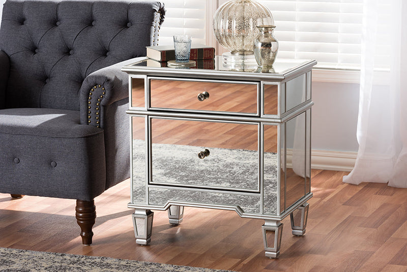 Gothard Mirrored 2-Drawer End Table Baxton