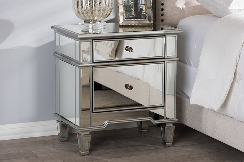 Gothard Mirrored 2-Drawer End Table Baxton