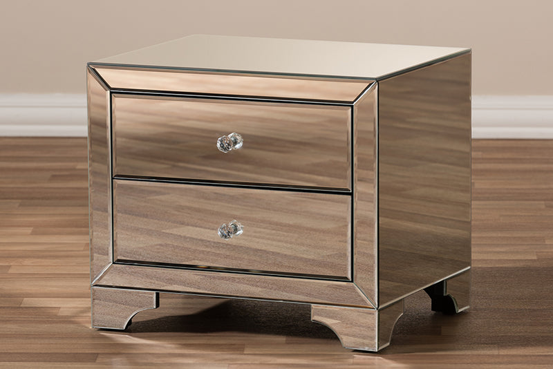 Giovanni Hollywood Regency Glamour Style Mirrored 2-Drawer End Table