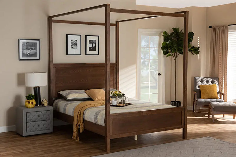 Raelynn Walnut Brown Wood Platform Canopy Bed (Queen) iHome Studio