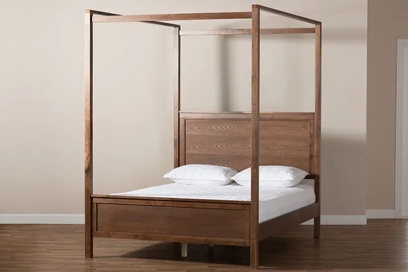 Raelynn Walnut Brown Wood Platform Canopy Bed (Queen) iHome Studio