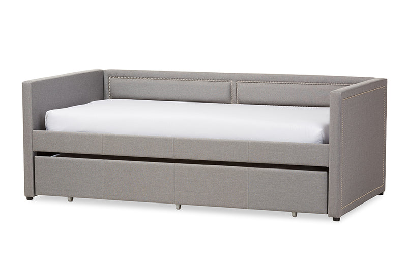 Tiana Modern and Contemporary Gray Fabric Nail Heads Trimmed Sofa Twin Daybed w/Roll-Out Trundle Guest Bed