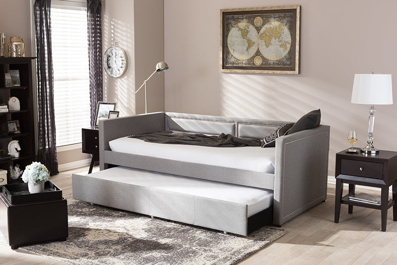 Tiana Modern and Contemporary Gray Fabric Nail Heads Trimmed Sofa Twin Daybed w/Roll-Out Trundle Guest Bed