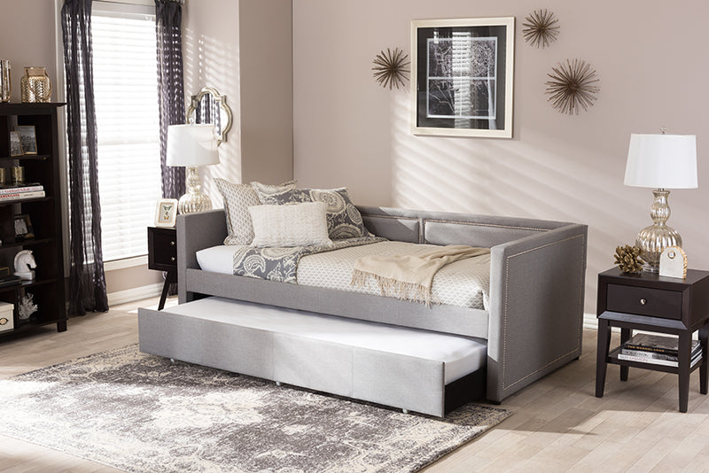 Tiana Modern and Contemporary Gray Fabric Nail Heads Trimmed Sofa Twin Daybed w/Roll-Out Trundle Guest Bed