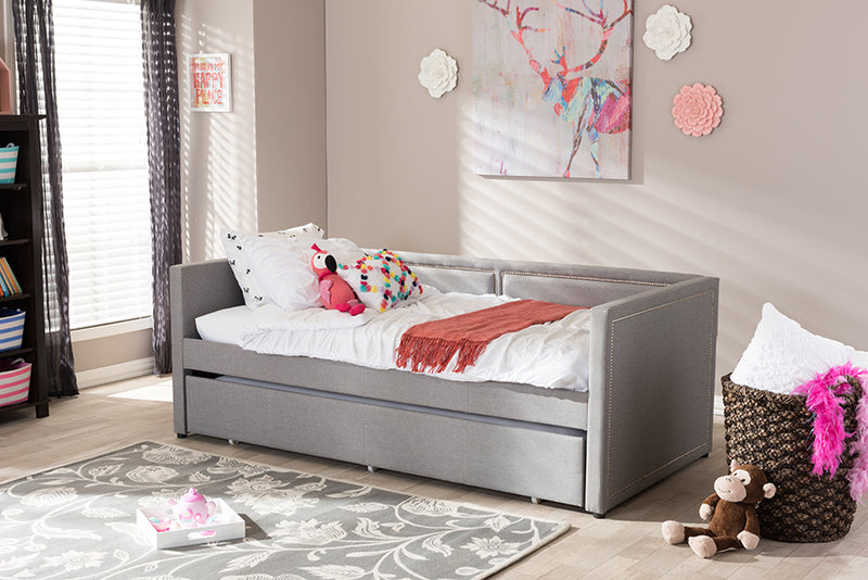 Tiana Modern and Contemporary Gray Fabric Nail Heads Trimmed Sofa Twin Daybed w/Roll-Out Trundle Guest Bed