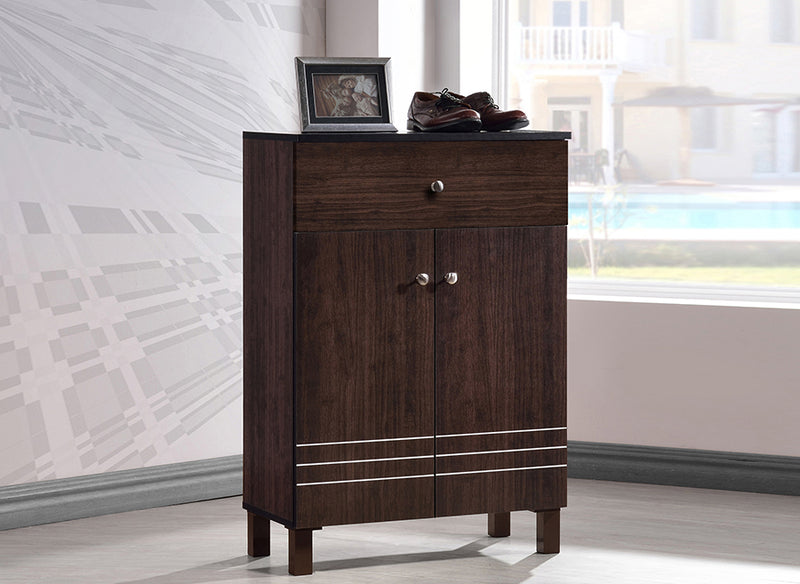 Celsie Dark Brown Shoe Cabinet w/2 Doors and Drawer