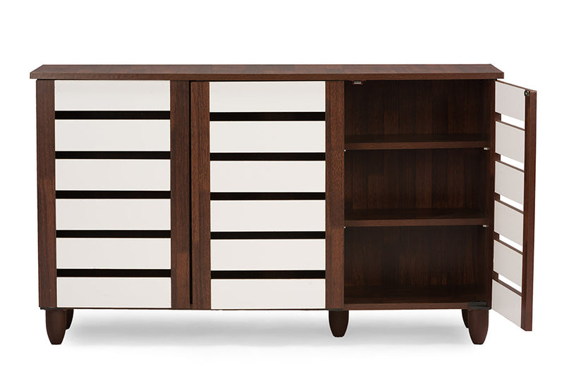 Leola Oak and White 2-tone Shoe Cabinet w/3 Doors, Vinly Legs Baxton