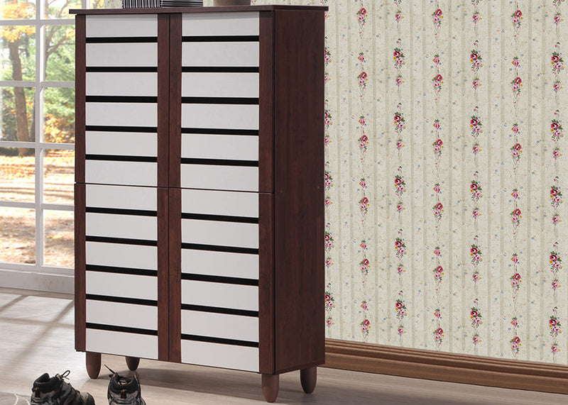 Leola Oak and White 2-tone Shoe Cabinet w/4 Door, Vinly Legs Baxton