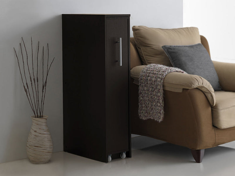 Claudia Dark Brown Wood Bookcase w/One Pulled-out Door Shelving Cabinet Baxton