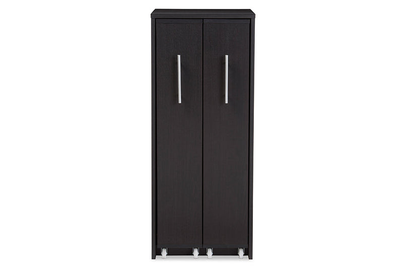 Claudia Dark Brown Wood Bookcase w/Two Pulled-out Doors Shelving Cabinet Baxton