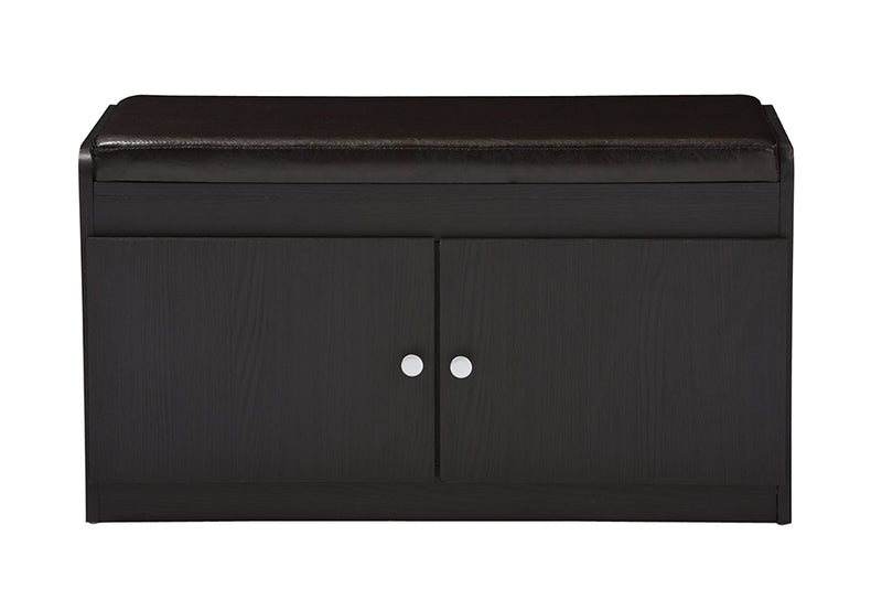 Elvina Modern and Contemporary Dark Brown Wood 2-Door Shoe Cabinet w/Faux Leather Seating Bench