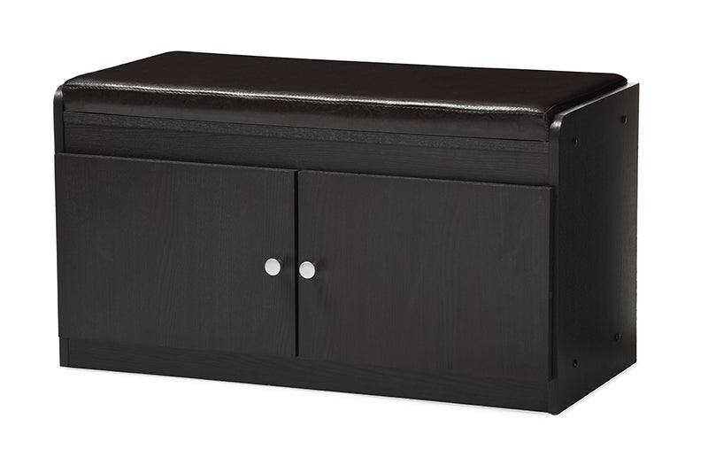 Elvina Modern and Contemporary Dark Brown Wood 2-Door Shoe Cabinet w/Faux Leather Seating Bench