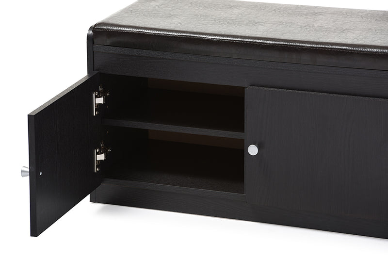 Elvina Modern and Contemporary Dark Brown Wood 2-Door Shoe Cabinet w/Faux Leather Seating Bench