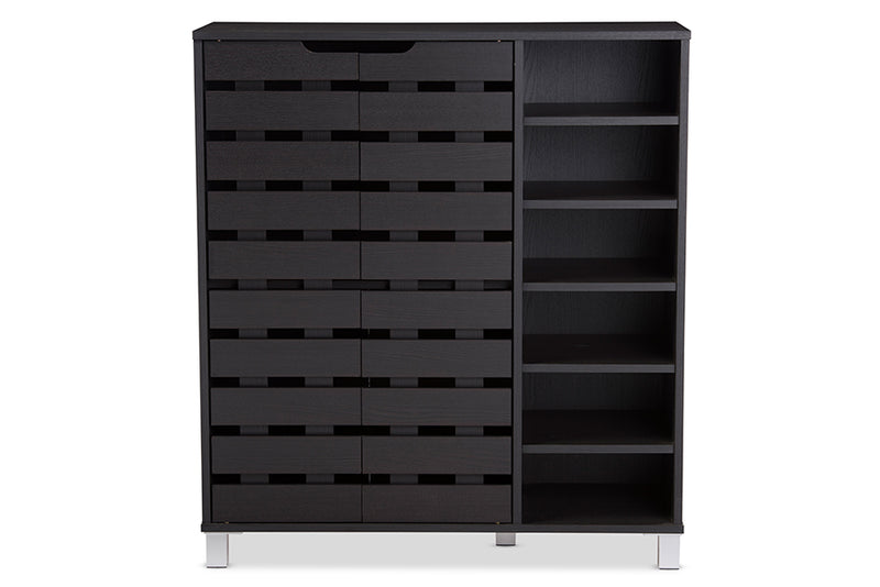 Darielle Modern and Contemporary Dark Brown Wood 2-Slatted Door Shoe Cabinet w/Open Shelves