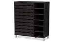 Darielle Dark Brown Wood 2-Slatted Door Shoe Cabinet w/Open Shelves Baxton